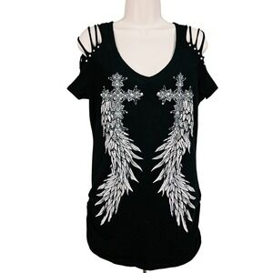 Bling Bling Black Angel Wing Cross Rhinestone Top M Grunge Biker Goth Streetwear